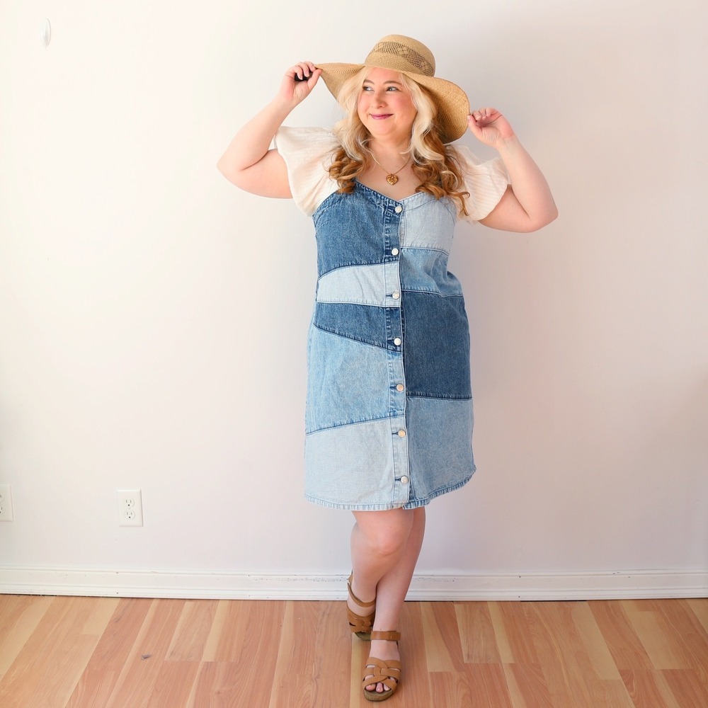 GAP Patchwork Denim Mini Dress Blue Button Front … - image 1